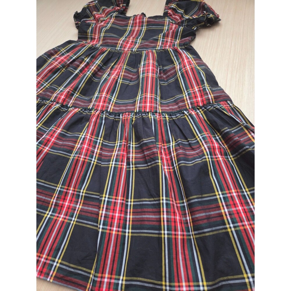 Crewcuts by J.Crew Girl's 8 Black Red Tartan Plaid Tiered Dress Puff Sleeves
